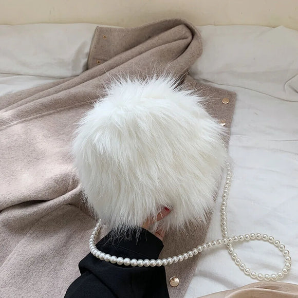 Faux Fur Fluffy White Bag Crossbody Handbag Pearl Strap - LoveJojo