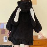 Hoodie Winter Bunny Ears White Black Pink Sweatshirt Long Sleeve Zip Up Hoodies