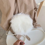 Faux Fur Fluffy White Bag Crossbody Handbag Pearl Strap