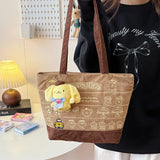 Sanrio PomPomPurin Brown Corduroy Embroidered Shoulder Tote Bag (35cm x 26cm)