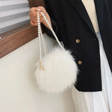 Faux Fur Fluffy White Bag Crossbody Handbag Pearl Strap