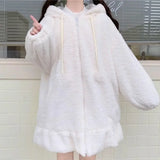 Hoodie Winter Bunny Ears White Black Pink Sweatshirt Long Sleeve Zip Up Hoodies