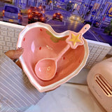 Strawberry Heart-Shaped Ceramic Bowl and Spoon Set - 400ml