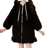 Hoodie Winter Bunny Ears White Black Pink Sweatshirt Long Sleeve Zip Up Hoodies