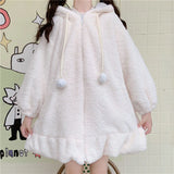 Hoodie Winter Bunny Ears White Black Pink Sweatshirt Long Sleeve Zip Up Hoodies