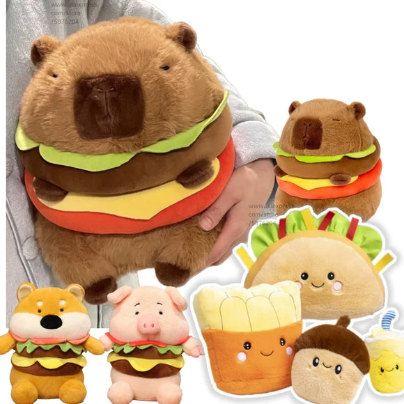 Kawaii Snack Attack: Hamburger Capybara Dog Pig Capibaras Pizza Bubble Tea Cushion Plush - LoveJojo