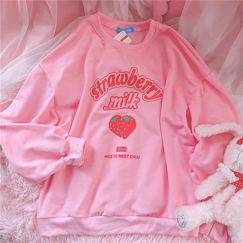 Harajuku Strawberry Milk Pink Sweatshirt Top Long Sleeved LoveJojo