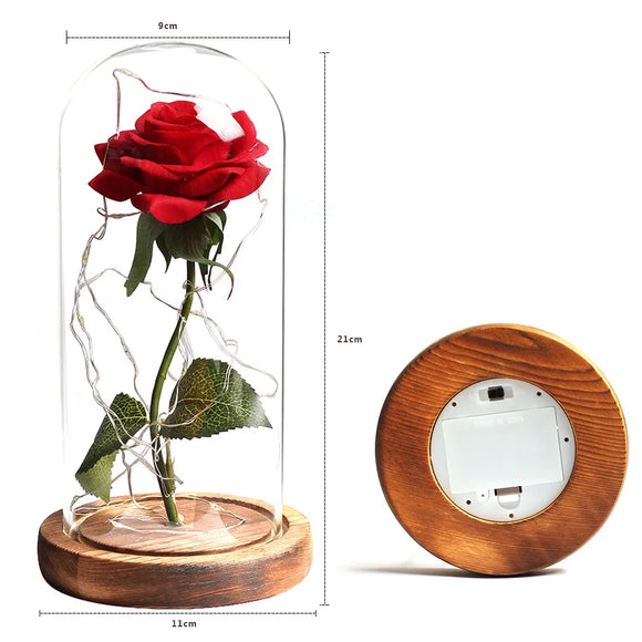 Beauty & The Beast Eternal Red Rose In Glass Dome with LED Lights - LoveJojo