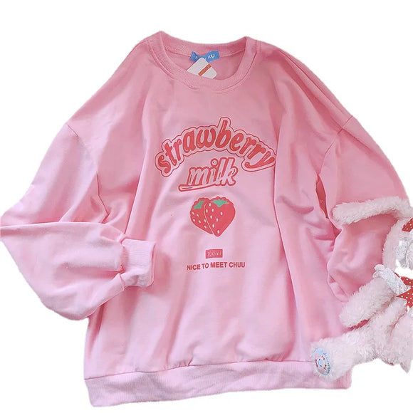 Harajuku Strawberry Milk Pink Sweatshirt Top Long-Sleeved