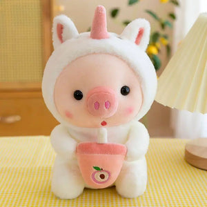 Bubble Tea Drinking Pig Plush Toy Stuffed Animal Bunny Frog Unicorn Tiger Pillow Cup Milk Tea Boba