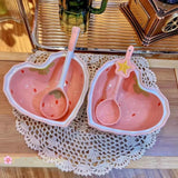 Strawberry Heart-Shaped Ceramic Bowl and Spoon Set - 400ml