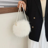 Faux Fur Fluffy White Bag Crossbody Handbag Pearl Strap