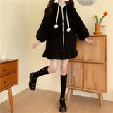 Hoodie Winter Bunny Ears White Black Pink Sweatshirt Long Sleeve Zip Up Hoodies