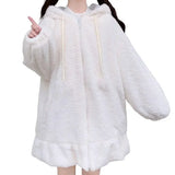 Hoodie Winter Bunny Ears White Black Pink Sweatshirt Long Sleeve Zip Up Hoodies