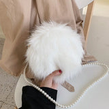 Faux Fur Fluffy White Bag Crossbody Handbag Pearl Strap
