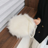 Faux Fur Fluffy White Bag Crossbody Handbag Pearl Strap
