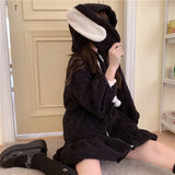 Hoodie Winter Bunny Ears White Black Pink Sweatshirt Long Sleeve Zip Up Hoodies