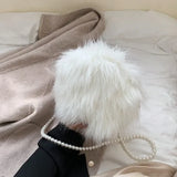 Faux Fur Fluffy White Bag Crossbody Handbag Pearl Strap