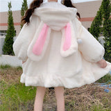 Hoodie Winter Bunny Ears White Black Pink Sweatshirt Long Sleeve Zip Up Hoodies