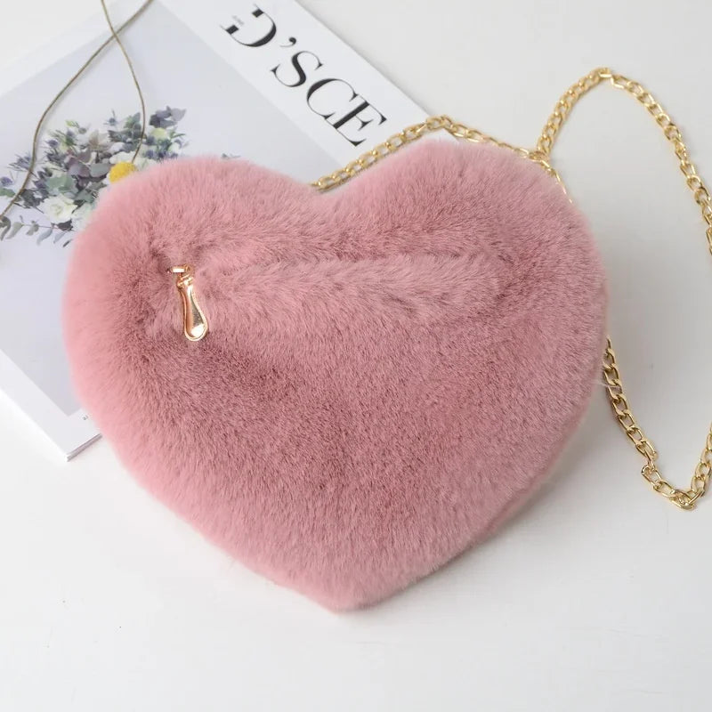 Ultra soft, heart shaped fluffy bag with hotsell gold fashion chain