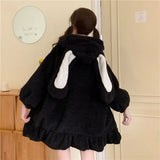 Hoodie Winter Bunny Ears White Black Pink Sweatshirt Long Sleeve Zip Up Hoodies