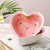 Strawberry Heart-Shaped Ceramic Bowl and Spoon Set - 400ml