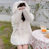 Hoodie Winter Bunny Ears White Black Pink Sweatshirt Long Sleeve Zip Up Hoodies