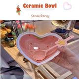 Strawberry Heart-Shaped Ceramic Bowl and Spoon Set - 400ml