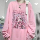 Kawaii Pink Print T-Shirt Shirt Long Sleeve Tops Loose Casual Graphic T Shirt Anime Manga