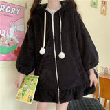 Hoodie Winter Bunny Ears White Black Pink Sweatshirt Long Sleeve Zip Up Hoodies