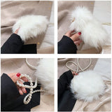 Faux Fur Fluffy White Bag Crossbody Handbag Pearl Strap