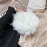 Faux Fur Fluffy White Bag Crossbody Handbag Pearl Strap