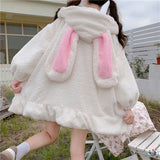 Hoodie Winter Bunny Ears White Black Pink Sweatshirt Long Sleeve Zip Up Hoodies