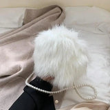 Faux Fur Fluffy White Bag Crossbody Handbag Pearl Strap