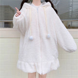 Hoodie Winter Bunny Ears White Black Pink Sweatshirt Long Sleeve Zip Up Hoodies