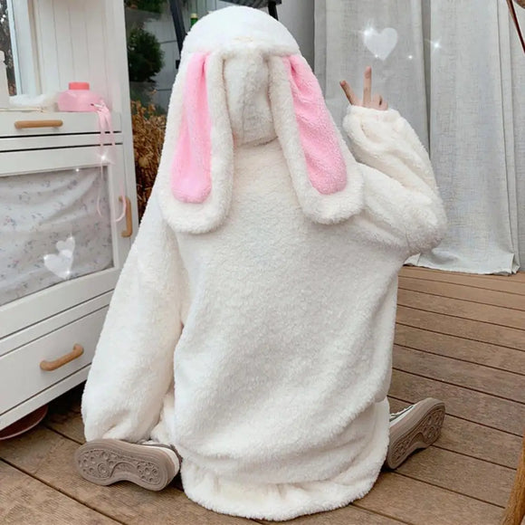 Hoodie Winter Bunny Ears White Black Pink Sweatshirt Long Sleeve Zip Up Hoodies - LoveJojo