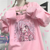 Kawaii Pink Print T-Shirt Shirt Long Sleeve Tops Loose Casual Graphic T Shirt Anime Manga