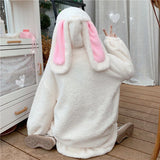 Hoodie Winter Bunny Ears White Black Pink Sweatshirt Long Sleeve Zip Up Hoodies