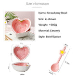 Strawberry Heart-Shaped Ceramic Bowl and Spoon Set - 400ml