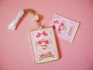 Sanrio My Melody Pink Pass Case ID Badge Holder PU Leather Gold Chain