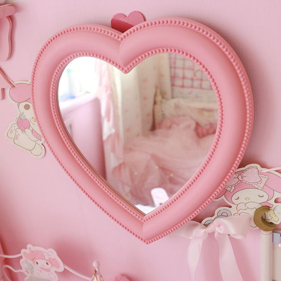 Pink Love Heart-Shaped Cosmetic Mirror Makeup Wall Hanging Mirror