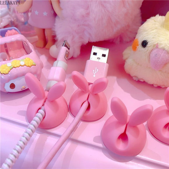 4pcs Pink Bunny Ear Rabbit Desktop Data Cable Holder Creative Action Figure Cute Headphone USB Charger Cord Protection Organizer