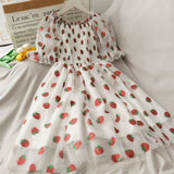 Strawberry Dress French Style Lace Chiffon Sweet Puff Sleeve Elegant White