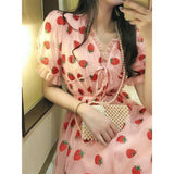 Strawberry Sequin Midi Dress Puff Short Sleeve V-neck Lace High Waist Pink Red