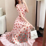 Strawberry Sequin Midi Dress Puff Short Sleeve V-neck Lace High Waist Pink Red