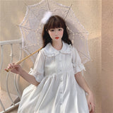 Japanese Sweet Girl Lolita Drees Kawaii Peter Pan Collar Cute Ruffle Puff Sleeve Dress White