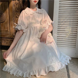 Japanese Lolita Kawaii Peter Pan Collar Ruffle Puff Sleeve Dress White - LoveJojo