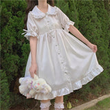 Japanese Sweet Girl Lolita Drees Kawaii Peter Pan Collar Cute Ruffle Puff Sleeve Dress White
