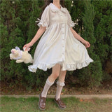 Japanese Lolita Kawaii Peter Pan Collar Ruffle Puff Sleeve Dress White - LoveJojo